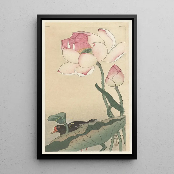 Gallinule lootuskukilla - Ohara Koson — kehystetty taideteos seinällä