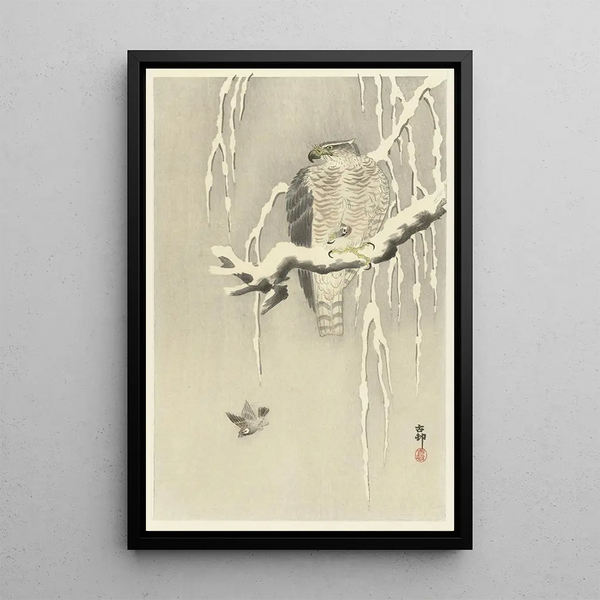 haukka vanginnut varpusen - Ohara Koson — kehystetty taideteos seinällä