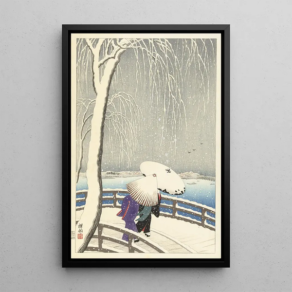 Yanagibashiin lumessa - Ohara Koson — kehystetty taideteos seinällä