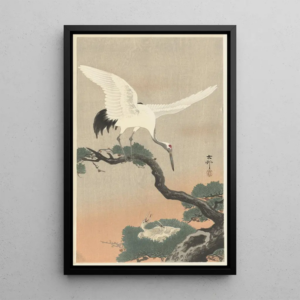 Japanilainen kurki männynoksalla - Ohara Koson — kehystetty taideteos seinällä