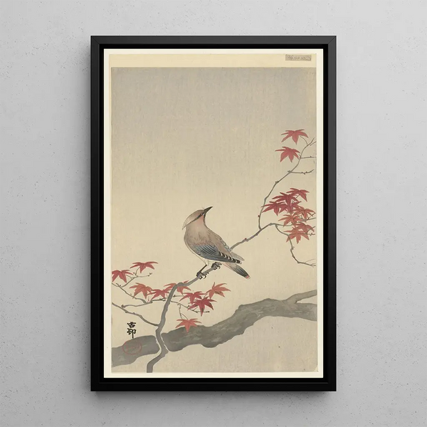Japanin tiainen vaahteralla - Ohara Koson — kehystetty taideteos seinällä