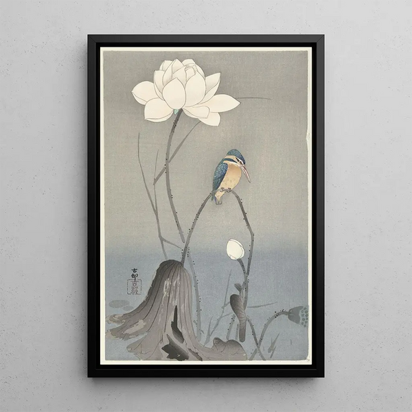 kalatiainen lootuskukka kanssa - Ohara Koson — kehystetty taideteos seinällä