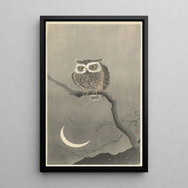 hibou moyen-duc paljaalla puunoksalla - Ohara Koson — kehystetty taideteos seinällä
