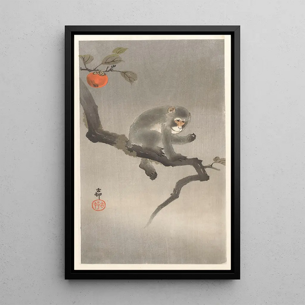 apina persimonipuun oksalla - Ohara Koson — kehystetty taideteos seinällä