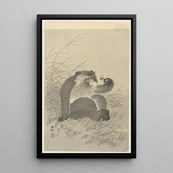 apina hyönteisen kanssa - Ohara Koson — kehystetty taideteos seinällä