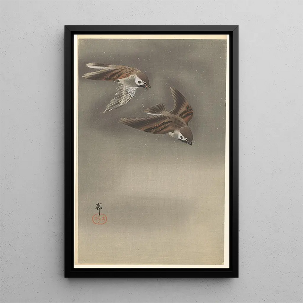 Kaulusvarpuset lumessa - Ohara Koson — kehystetty taideteos seinällä