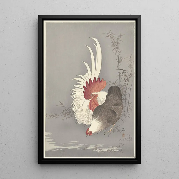 Kukko ja kana - Ohara Koson — kehystetty taideteos seinällä