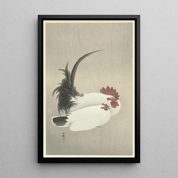 Kukko ja kana - Ohara Koson — kehystetty taideteos seinällä
