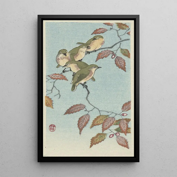 Pienet linnut oksalla - Ohara Koson — kehystetty taideteos seinällä