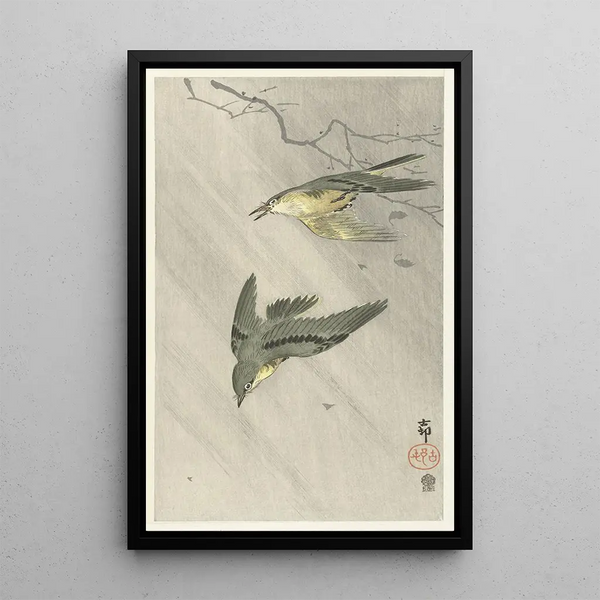 Laululinnut sateen alla - Ohara Koson — kehystetty taideteos seinällä