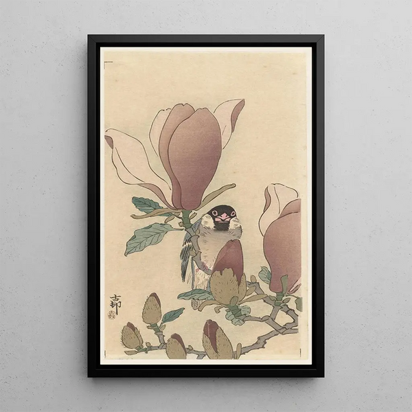 Kaulusvarpuset magnolian oksalla kukassa - Ohara Koson — kehystetty taideteos seinällä