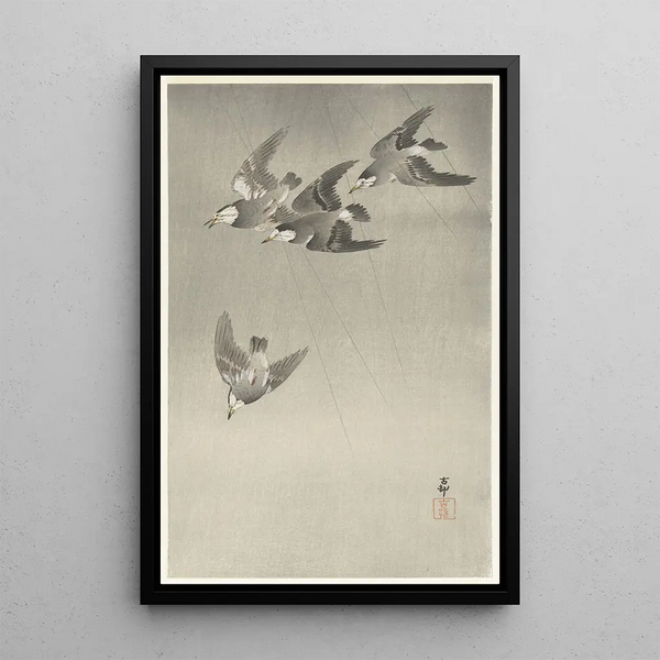 Tähtilinnut sateen alla - Ohara Koson — kehystetty taideteos seinällä