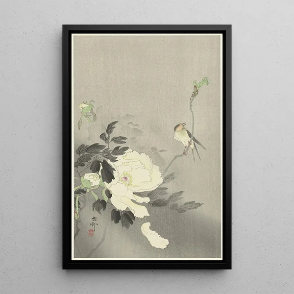 Pääsky ja pion - Ohara Koson — kehystetty taideteos seinällä