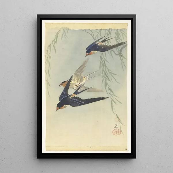 Kolme lintua lennossa - Ohara Koson — kehystetty taideteos seinällä