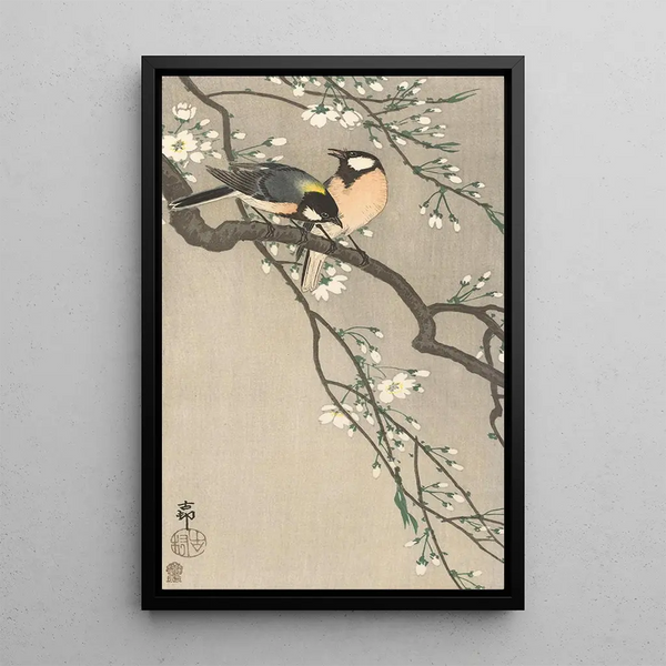 Peipot kirsikkapuun oksalla - Ohara Koson — kehystetty taideteos seinällä