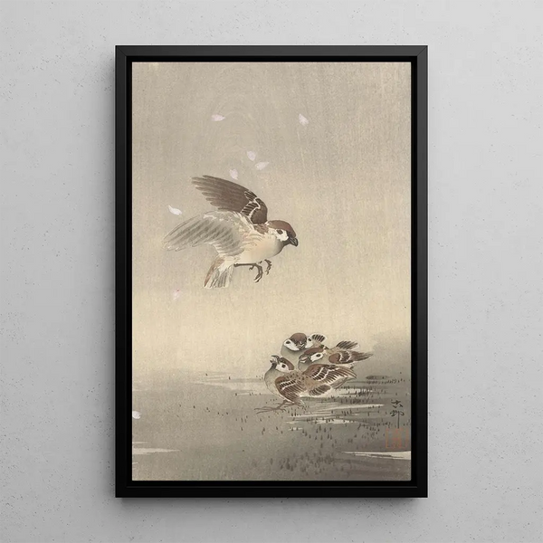 Nuori varpunen poikasineen - Ohara Koson — kehystetty taideteos seinällä