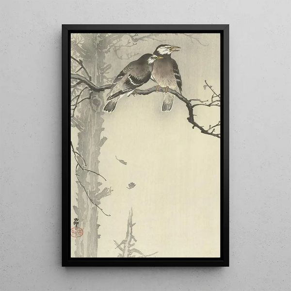 Kaksi harmaata varpuslintua - Ohara Koson — kehystetty taideteos seinällä