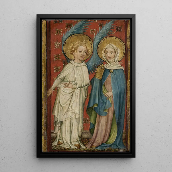 Enkeli ja Maria-Magdalena haudan luona - Aix-la-Chapellen vaatekaappien ovien vanha mestari — kehystetty taideteos seinällä