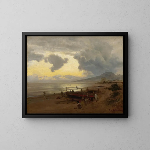Auringonlasku rannalla - Oswald Achenbach — kehystetty taideteos seinällä