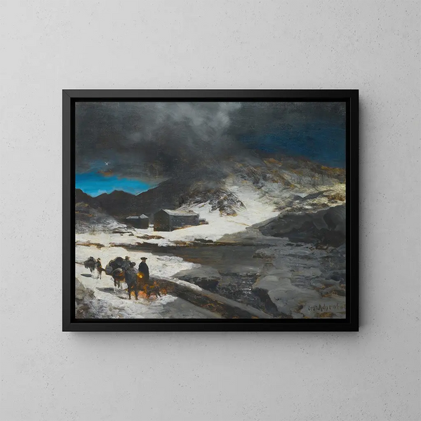 L'auberge du Grand Saint-Bernard dans les Alpes - Oswald Achenbach — kehystetty taideteos seinällä