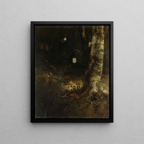 Otto Marseus van Schrieck - Forest Floor with a Snake Lizards Butterflies and other Insects.webp