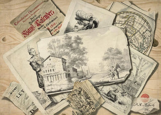 P A Robart - Trompe lil of a drawing figuring Tobias and the Angel and of etchings.webp