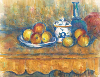 Luontoaiheinen asetelma sinisellä pullolla, sokerikko ja omenat - Paul Cézanne — näkymä teoksesta