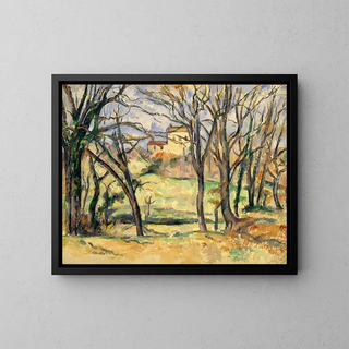 Puut ja talot Jas de Bouffan lähellä - Paul Cézanne — kehystetty taideteos seinällä