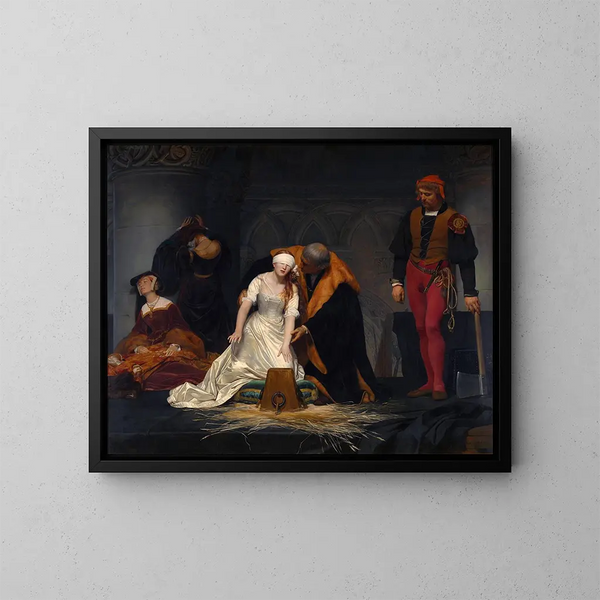 L:n Lady Jane Greyn teloitus Tower of Londonissa vuonna 1554 - Paul Delaroche — kehystetty taideteos seinällä