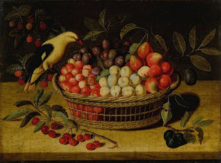 Luonnonkuva still life kirsikoilla, luumuilla, vadelmilla ja muilla hedelmillä korissa keltaisen linnun kanssa - Paul Dorival — näkymä teoksesta