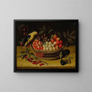 Luonnonkuva still life kirsikoilla, luumuilla, vadelmilla ja muilla hedelmillä korissa keltaisen linnun kanssa - Paul Dorival — kehystetty taideteos seinällä