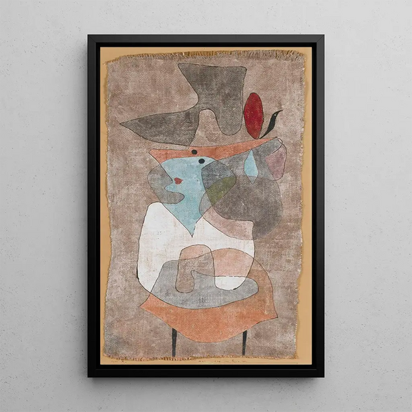 Nainen hatun ja pienen pöydän kanssa - Paul Klee — kehystetty taideteos seinällä