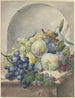 Morceau de fruit dans une niche sur une table en marbre prunes pêches raisins et mûres - Paul Theodor van Brussel — näkymä teoksesta
