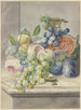 Nature morte avec une tranche de melon et deux roses, raisins, pêches, prunes et une noix - Paul Theodor van Brussel — näkymä teoksesta