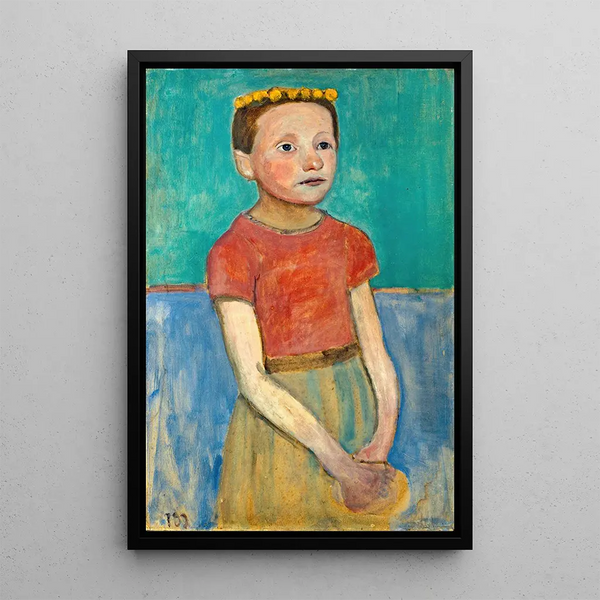 tytön puolikuva, jolla on keltainen kruunu hiuksissaan | Paula Modersohn-Becker — kehystetty taideteos seinällä