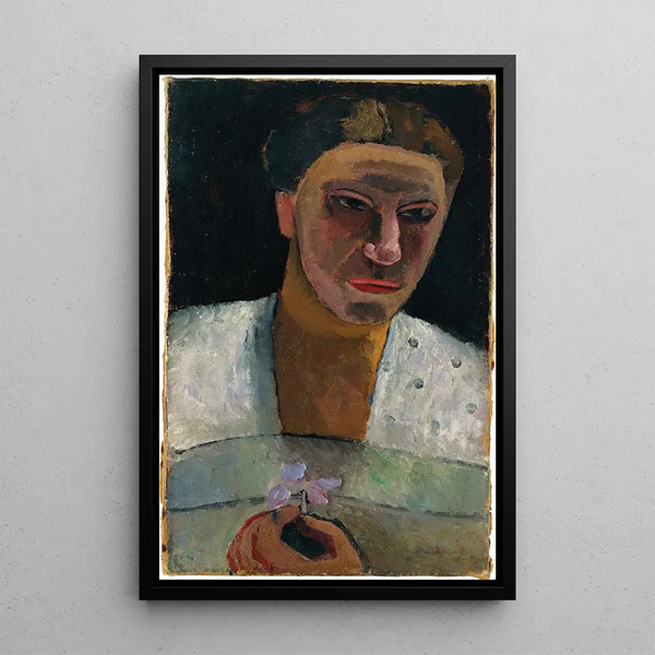 Lee Hoetgerin rintamuotokuva, jossa on kukka | Paula Modersohn-Becker — kehystetty taideteos seinällä