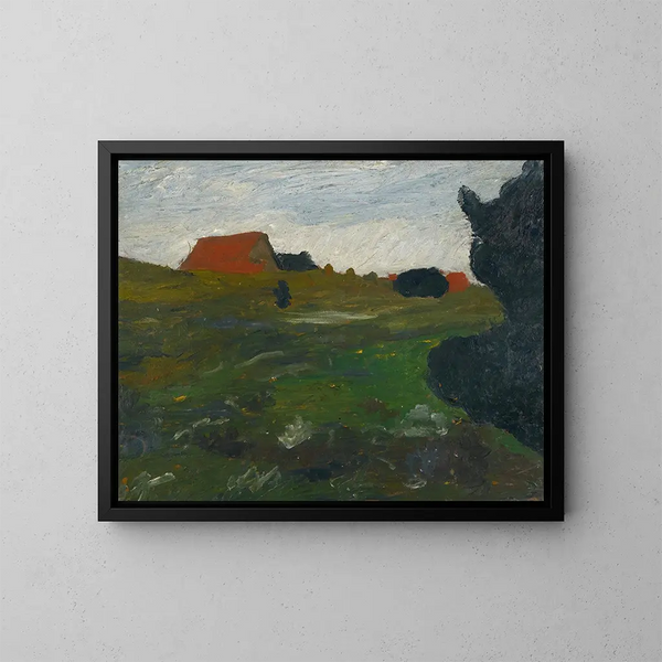 Maisema pensaalla ja punaisilla taloilla - Paula Modersohn-Becker — kehystetty taideteos seinällä