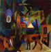 maisemasta lehmiä, purjevene ja hahmoja - August Macke — esillä sisätilassa