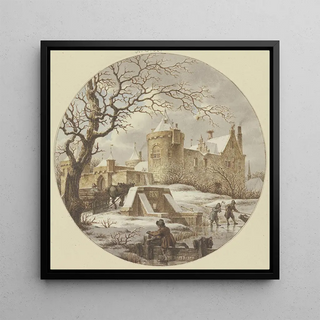 Paysage d'hiver devant le mur de la ville sur le pont avec un traîneau en bois - Jacob Cats