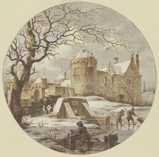 Paysage d'hiver devant le mur de la ville sur le pont avec un traîneau en bois - Jacob Cats
