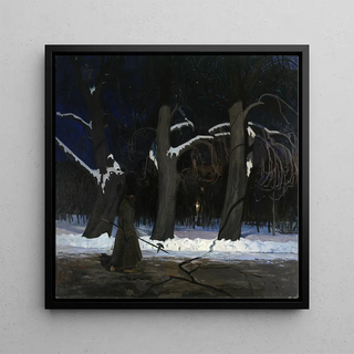Paysage d'hiver la nuit avec un hallebardier - Henryk Szczygliski