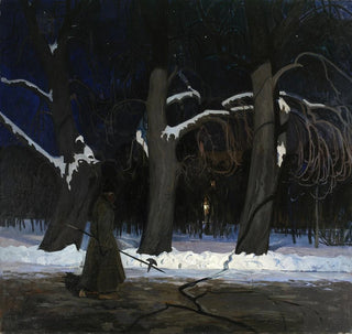 Paysage d'hiver la nuit avec un hallebardier - Henryk Szczygliski