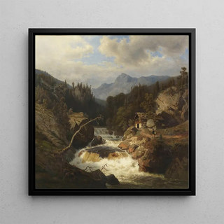 Leonhard Rausch - Gebirgslandschaft mit Jgersmann am tosenden Fluss.webp
