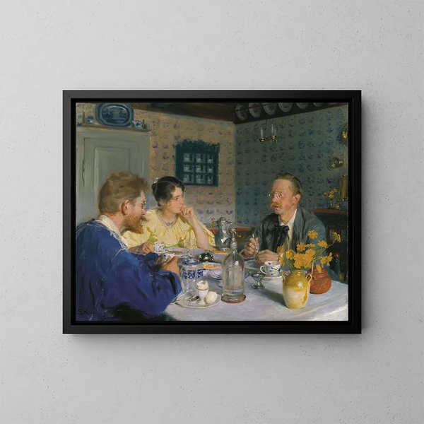 Pieni aamiainen, taiteilija, hänen vaimonsa ja kirjailija Otto Benzon - Peder Severin Krøyer — kehystetty taideteos seinällä