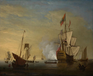 Peter Monamy - Harbor Scene An English Ship with Sails Loosened Firing a Gun.webp