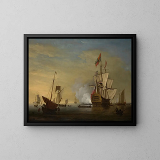 Peter Monamy - Harbor Scene An English Ship with Sails Loosened Firing a Gun.webp