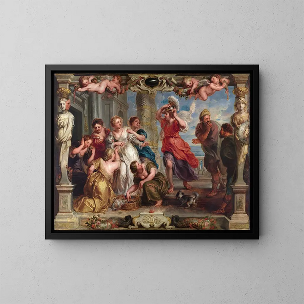 Achille löydetty Ulysseuksen toimesta Lykoméden tyttärien joukossa - Peter Paul Rubens — kehystetty taideteos seinällä
