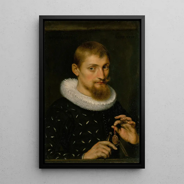 Miehen muotokuva, mahdollisesti arkkitehti tai maantieteilijä - Peter Paul Rubens — kehystetty taideteos seinällä