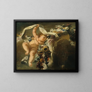 Putto avec guirlande de fleurs et banderole - Peter Strudel — kehystetty taideteos seinällä