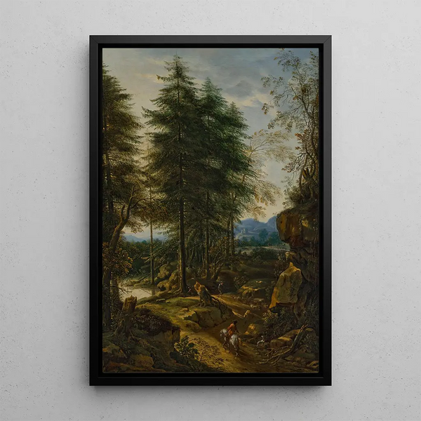 Paysage montagneux avec un cavalier sur une route - Peter von Bemmel — kehystetty taideteos seinällä